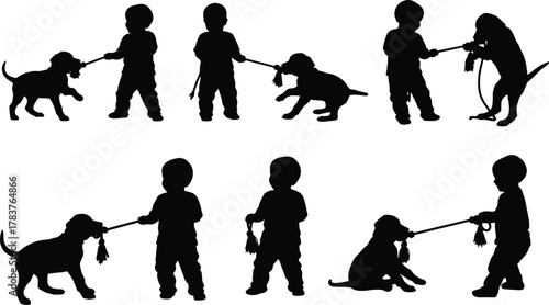 Flat vector child and dog rope toy play, silhouette interaction poses, dynamic pet movement, playful outdoor fun, energetic companionship illustration