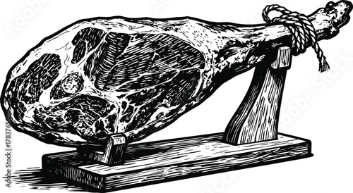 Artistic rendering of cured ham on a wooden stand, perfect for culinary designs, restaurant menus, or traditional food promotions, a feast for the eyes