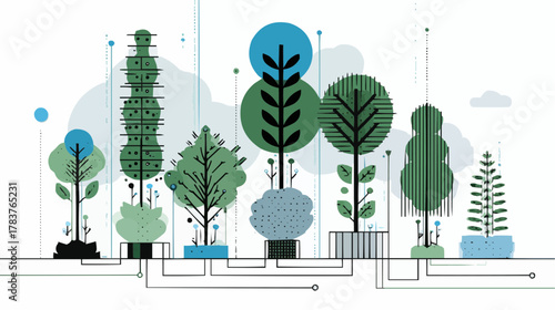 Flat vector illustration of plants and trees growing from digital circuits, combining nature and technology, perfect for eco innovation, business sustainability and green tech visuals