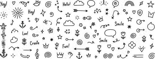 Add some playful flair to your designs with these hand-drawn doodle elements stars hearts arrows clouds anchor crowns rainbows speech bubbles and flowers