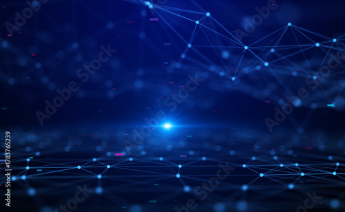 Abstract visualization of a digital network with glowing nodes and connecting lines forming a wave pattern on a dark futuristic background.
