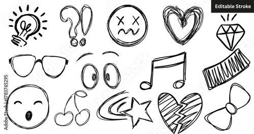 Set of various hand drawn doodle icons. Vector sketch collection of lightbulb, heart, diamond, and emoji elements. Editable stroke.
