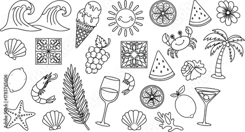 Let's plan a summer vacation with cocktails, ice cream, and sunshine vibes, featuring beach waves, palm trees, and tropical fruit delights on a white background