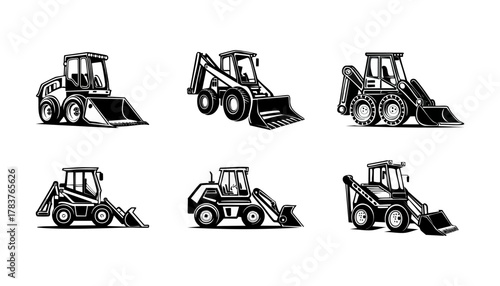 Six black and white line drawings of construction vehicles, including skid steers and loaders