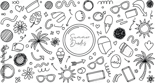 Fun summer doodle collection with sun, palm trees, ice cream and beach vibes, perfect for vacation designs and playful creative projects this season