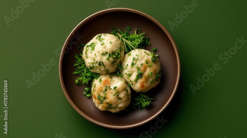Three Delicious Dumplings With Herbs on Brown Plate Ready to Eat at Dinner