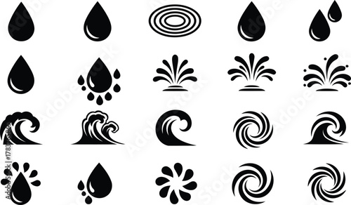 Fresh water drops and waves collection, set of vector elements for environmental design, nature concepts, spa, and wellness brand identity, black on white