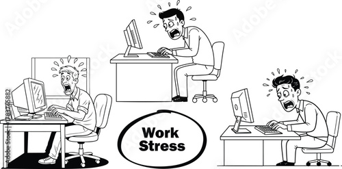 Feeling overwhelmed at work? Illustrations of stressed employees experiencing intense pressure and anxiety, perfect for conveying the challenges of today's workplace