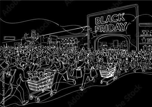 Continuous line drawing of a crowd of people rushing into a store on Black Friday for shopping deals