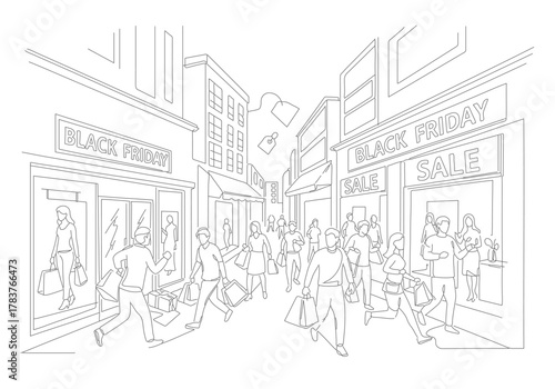 Energetic continuous line drawing depicting a crowded shopping street during a promotional sale
