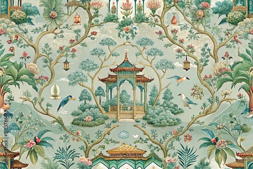 Whimsical chinoiserie wallpaper featuring decorative pagodas surrounded by flowering trees birds and intricate patterns creates charming ornate vintage backdrop for interior decor
