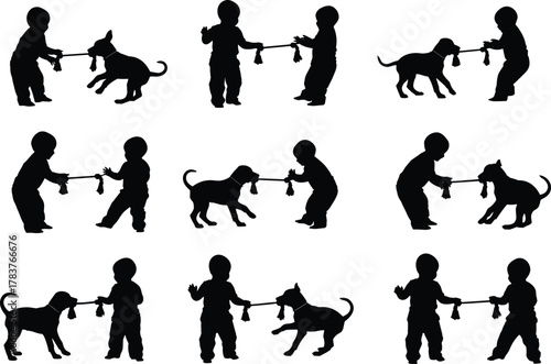 Flat vector child and dog tug-of-war, playful silhouette interaction, rope toy game, dynamic pet and kid poses, outdoor fun design