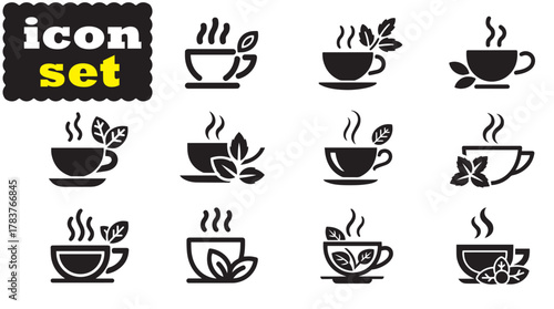 Green tea with mint icon Set, Green tea with mint solid vector