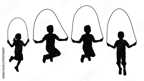 Children jumping rope silhouettes isolated on white background, Vector