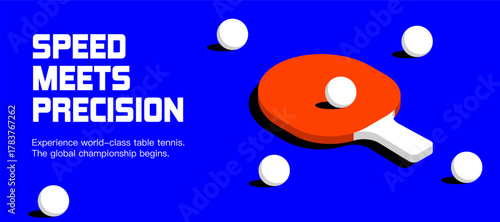 Modern Table Tennis Digital Web Banner. Bold Blue Design Featuring Red Paddle and White Balls Symbolizing Speed, Precision, and the Excitement of a Global Ping Pong Championship Event Announcement.