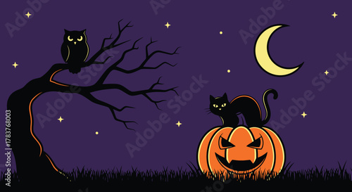Spooky Halloween Night Scene with Creatures and Moon