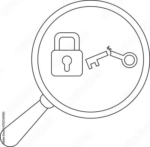 A magnifying glass reveals a padlock and a broken key in a detailed line art illustration