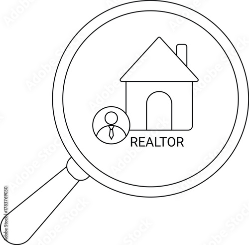 A magnifying glass highlights a house icon realtor icon and the word REALTOR below