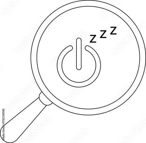 A magnifying glass reveals a power symbol with zzz indicating sleep mode or inactivity