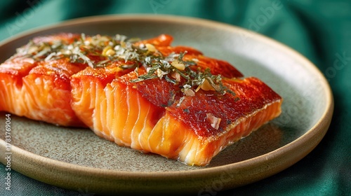 Seared Salmon Fillet With Herb Garnish Served on a Ceramic Plate for Dinner