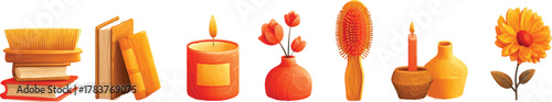 set of icons featuring a collection of objects books, a yellow and orange color palette with red accents
