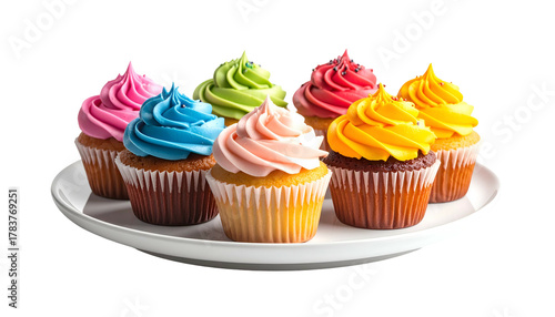 Colorful cupcakes with swirled frosting sit on a white platter against a black background