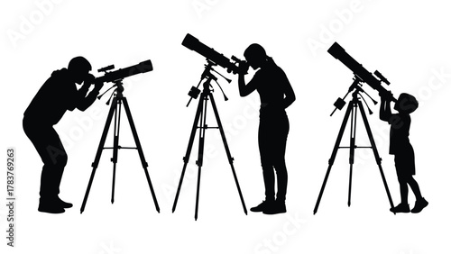 People observing with telescopes silhouette isolated on white background, Vector