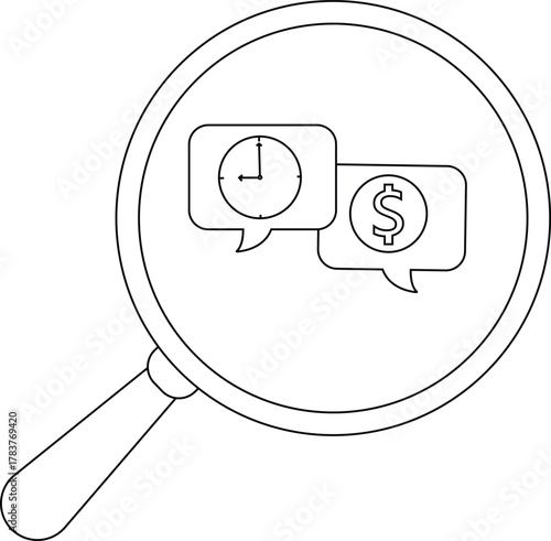 Magnifying glass enlarges a time clock inside a speech bubble and a money symbol inside another speech bubble