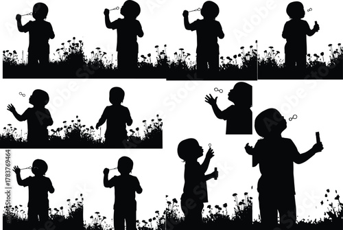 Flat vector child blowing bubbles in flower field, silhouette outdoor play, dandelion grass scene, peaceful childhood moment, nature illustration design