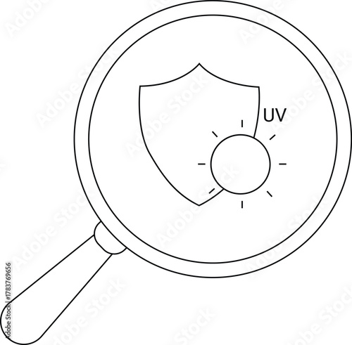 Magnifying glass highlighting a shield protecting against UV sun rays