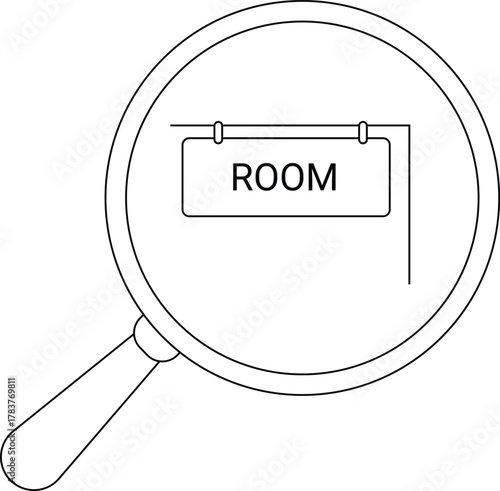 Magnifying glass over ROOM sign simple outline
