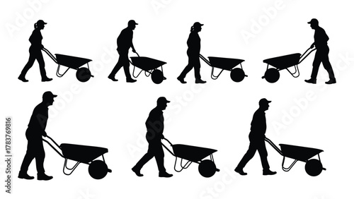 Silhouettes of people pushing wheelbarrows isolated on white background, Vector