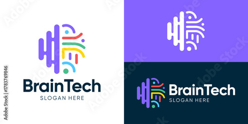 Creative modern Brain tech logo template. Simple brain with circuit network logo design vector illustration.