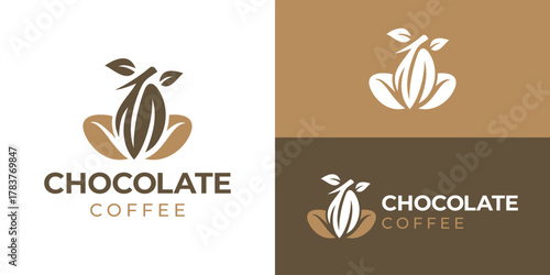 Creative simple chocolate coffee logo template. Cocoa fruit and coffee bean with linear style. Nature food and drinks logo design vector illustration.
