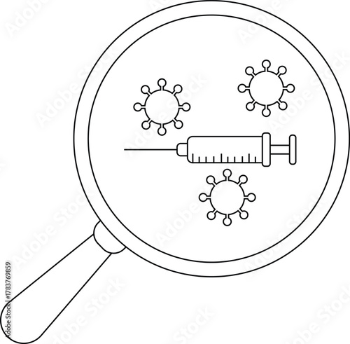 Magnifying glass over viruses and syringe