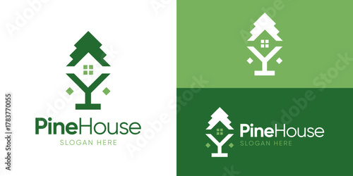 Creative simple Pine house logo template. Abstract pine tree with home symbol, Nature home logo design vector illustration.