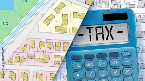 PROPERTY AND REAL ESTATE TAXES AND FEES with cadastral map - Taxes during the transfer of real estate or buying housing and land - Stamp Duty on land and property concept with calculator