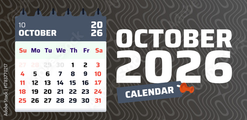 October 2025 calendar. Monthly planner template. 2025 week start sunday. Modern calendar page. Vector illustration. Date grid of october 2025 calendar. Weekend saturday and sunday