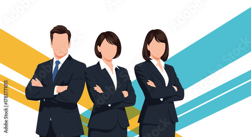 Three faceless business professionals standing with arms crossed against a colorful background.