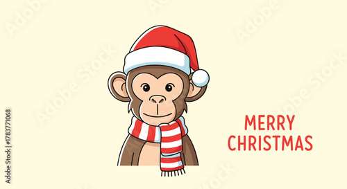 Cute monkey wearing a Santa hat and scarf wishes Merry Christmas in a festive illustration.