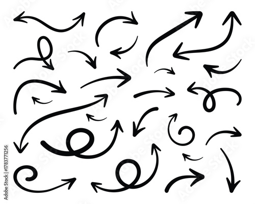 Set of hand drawn vector arrows doodle in various style. Elegant arrows set for business plan, presentation and education. Design element vector illustration.