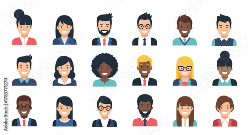 Diverse group of cartoon business people avatars with various hairstyles and clothing.