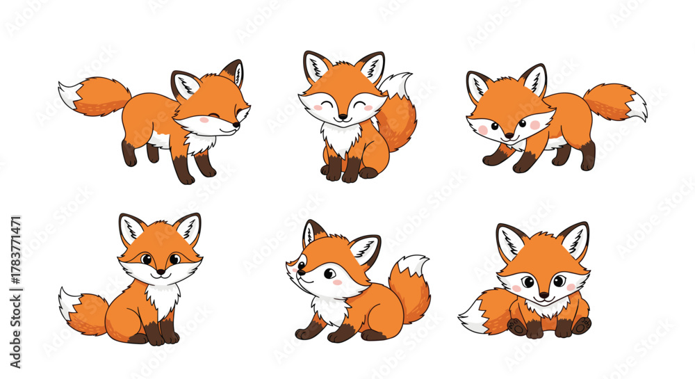 Obraz premium Collection of six cute cartoon foxes in various poses on a white background.