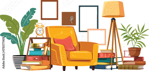 simple clip art of various furniture and decor items, including an armchair, floor lamp, potted plant, picture frame, and alarm clock, with a stack