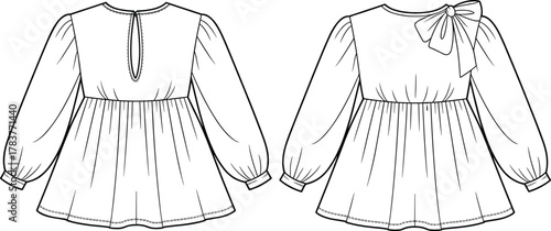 Fashion illustration, gathered tunic dress, voluminous sleeves, round neckline, keyhole back, decorative bow, garment sketch, technical drawing, couture design, sewing pattern, apparel concept