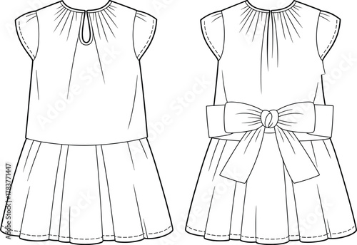 Fashion illustration, girl’s dress, sleeveless design, round neckline, pleated skirt, decorative bow, garment sketch, technical drawing, sewing pattern, apparel concept, front back view