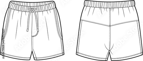Shorts technical sketch, front and back view, elastic waistband, drawstring closure, side pockets, curved hem, fashion illustration, garment template, apparel design