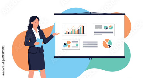 Woman in a suit presents data charts on a projection screen during a business meeting.