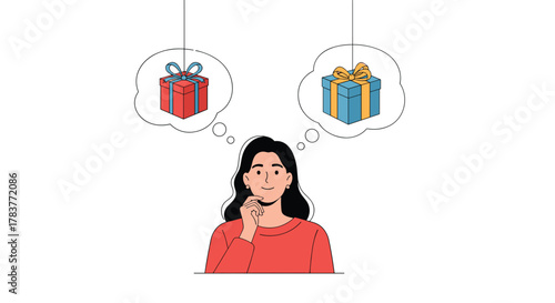 Woman thinking about two different gift boxes, a red one and a blue one, as she considers her options.