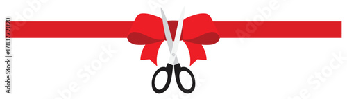 Red Ribbon with Scissors and Bow for Grand Opening Ceremony.